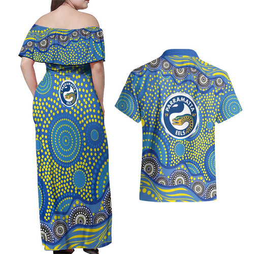 Parramatta Eels Couples Matching Off Shoulder Maxi Dress and Hawaiian Shirt Aboriginal Dot Pattern - Rugby Mascot Heritage Pride