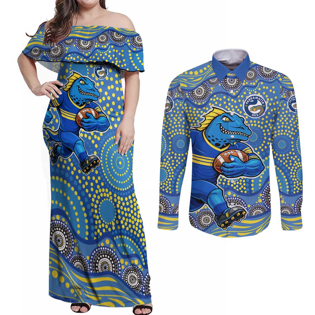 Parramatta Eels Couples Matching Off Shoulder Maxi Dress and Long Sleeve Button Shirt Aboriginal Dot Pattern - Rugby Mascot Heritage Pride