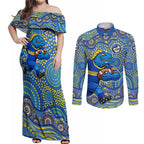 Parramatta Eels Couples Matching Off Shoulder Maxi Dress and Long Sleeve Button Shirt Aboriginal Dot Pattern - Rugby Mascot Heritage Pride