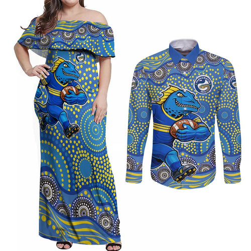 Parramatta Eels Couples Matching Off Shoulder Maxi Dress and Long Sleeve Button Shirt Aboriginal Dot Pattern - Rugby Mascot Heritage Pride