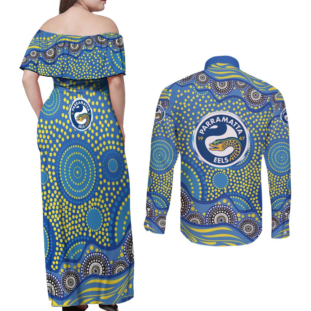 Parramatta Eels Couples Matching Off Shoulder Maxi Dress and Long Sleeve Button Shirt Aboriginal Dot Pattern - Rugby Mascot Heritage Pride
