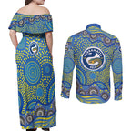 Parramatta Eels Couples Matching Off Shoulder Maxi Dress and Long Sleeve Button Shirt Aboriginal Dot Pattern - Rugby Mascot Heritage Pride