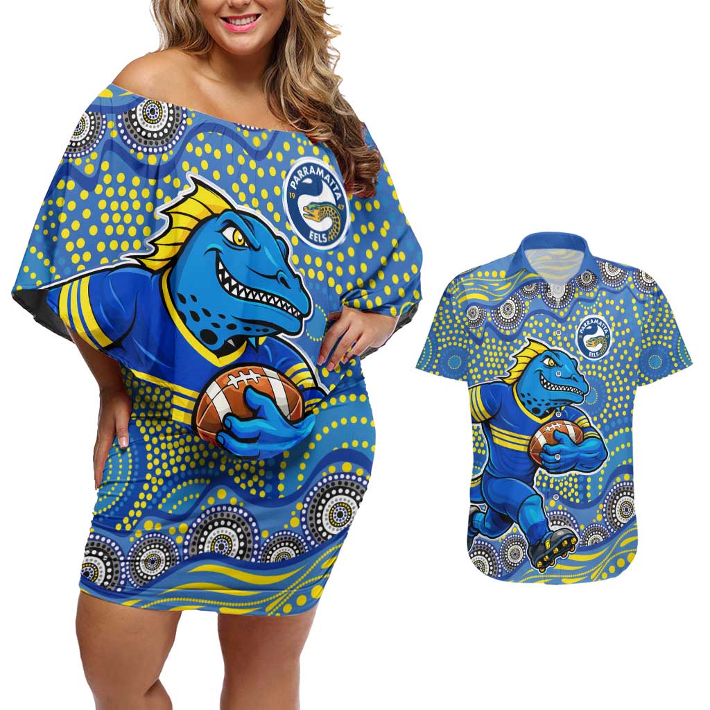 Parramatta Eels Couples Matching Off Shoulder Short Dress and Hawaiian Shirt Aboriginal Dot Pattern - Rugby Mascot Heritage Pride