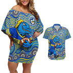 Parramatta Eels Couples Matching Off Shoulder Short Dress and Hawaiian Shirt Aboriginal Dot Pattern - Rugby Mascot Heritage Pride