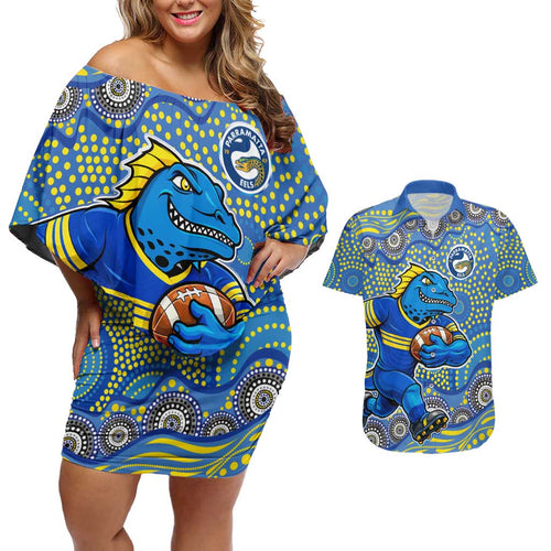 Parramatta Eels Couples Matching Off Shoulder Short Dress and Hawaiian Shirt Aboriginal Dot Pattern - Rugby Mascot Heritage Pride