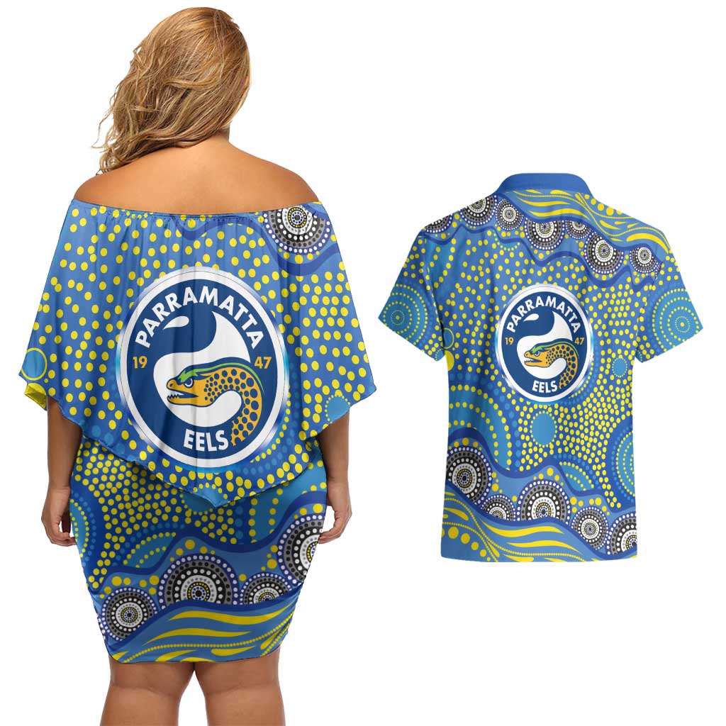 Parramatta Eels Couples Matching Off Shoulder Short Dress and Hawaiian Shirt Aboriginal Dot Pattern - Rugby Mascot Heritage Pride