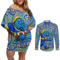 Parramatta Eels Couples Matching Off Shoulder Short Dress and Long Sleeve Button Shirt Aboriginal Dot Pattern - Rugby Mascot Heritage Pride