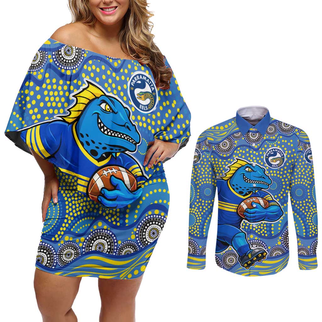 Parramatta Eels Couples Matching Off Shoulder Short Dress and Long Sleeve Button Shirt Aboriginal Dot Pattern - Rugby Mascot Heritage Pride