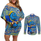 Parramatta Eels Couples Matching Off Shoulder Short Dress and Long Sleeve Button Shirt Aboriginal Dot Pattern - Rugby Mascot Heritage Pride