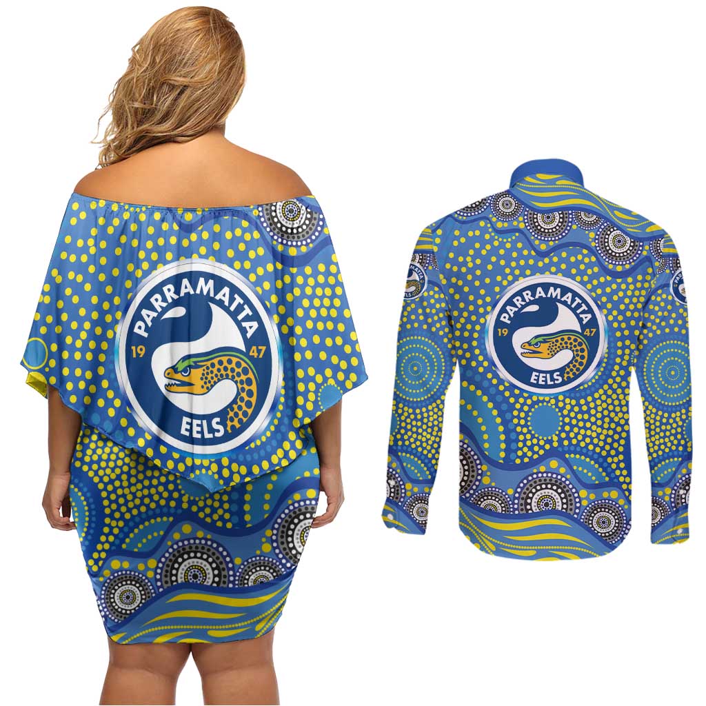 Parramatta Eels Couples Matching Off Shoulder Short Dress and Long Sleeve Button Shirt Aboriginal Dot Pattern - Rugby Mascot Heritage Pride