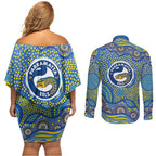 Parramatta Eels Couples Matching Off Shoulder Short Dress and Long Sleeve Button Shirt Aboriginal Dot Pattern - Rugby Mascot Heritage Pride