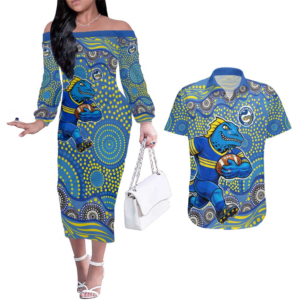 Parramatta Eels Couples Matching Off The Shoulder Long Sleeve Dress and Hawaiian Shirt Aboriginal Dot Pattern - Rugby Mascot Heritage Pride