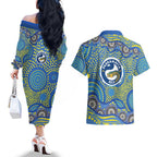 Parramatta Eels Couples Matching Off The Shoulder Long Sleeve Dress and Hawaiian Shirt Aboriginal Dot Pattern - Rugby Mascot Heritage Pride