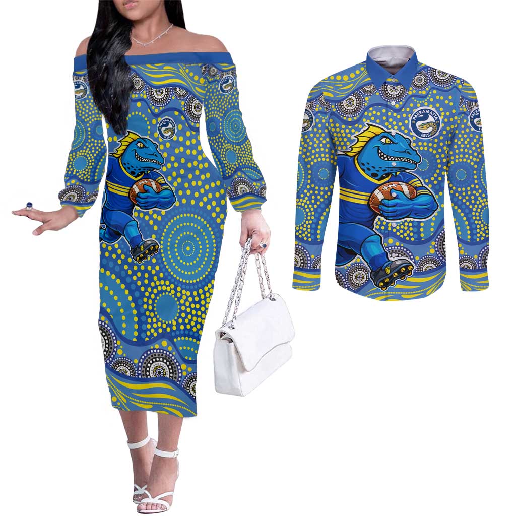 Parramatta Eels Couples Matching Off The Shoulder Long Sleeve Dress and Long Sleeve Button Shirt Aboriginal Dot Pattern - Rugby Mascot Heritage Pride