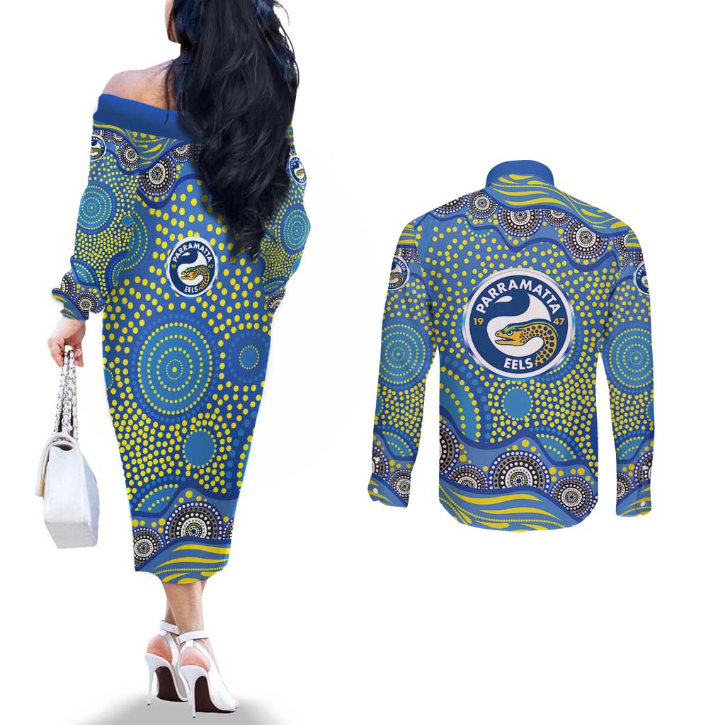 Parramatta Eels Couples Matching Off The Shoulder Long Sleeve Dress and Long Sleeve Button Shirt Aboriginal Dot Pattern - Rugby Mascot Heritage Pride
