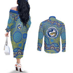 Parramatta Eels Couples Matching Off The Shoulder Long Sleeve Dress and Long Sleeve Button Shirt Aboriginal Dot Pattern - Rugby Mascot Heritage Pride