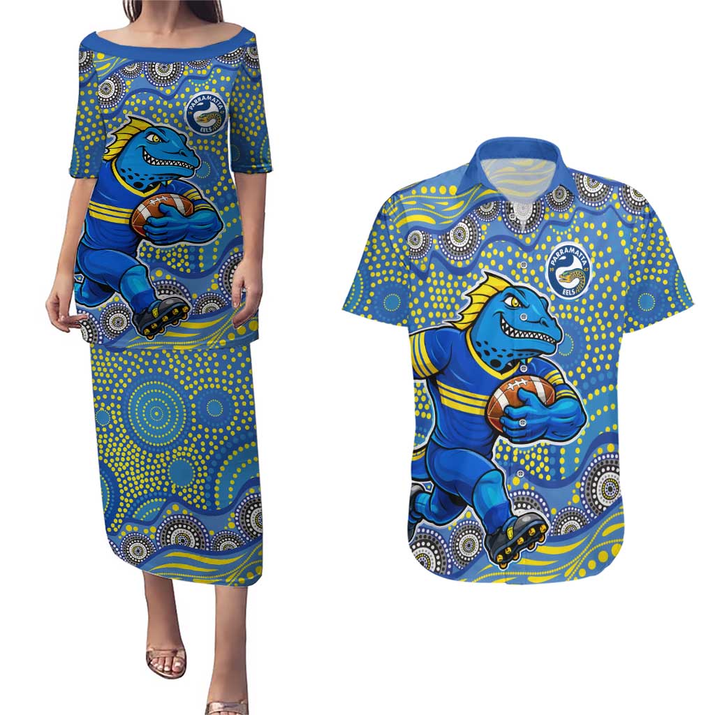 Parramatta Eels Couples Matching Puletasi and Hawaiian Shirt Aboriginal Dot Pattern - Rugby Mascot Heritage Pride