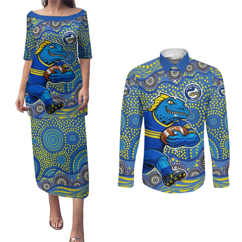 Parramatta Eels Couples Matching Puletasi and Long Sleeve Button Shirt Aboriginal Dot Pattern - Rugby Mascot Heritage Pride