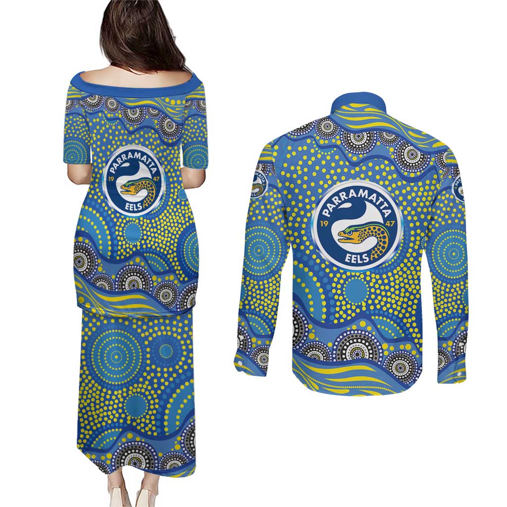 Parramatta Eels Couples Matching Puletasi and Long Sleeve Button Shirt Aboriginal Dot Pattern - Rugby Mascot Heritage Pride