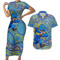 Parramatta Eels Couples Matching Short Sleeve Bodycon Dress and Hawaiian Shirt Aboriginal Dot Pattern - Rugby Mascot Heritage Pride