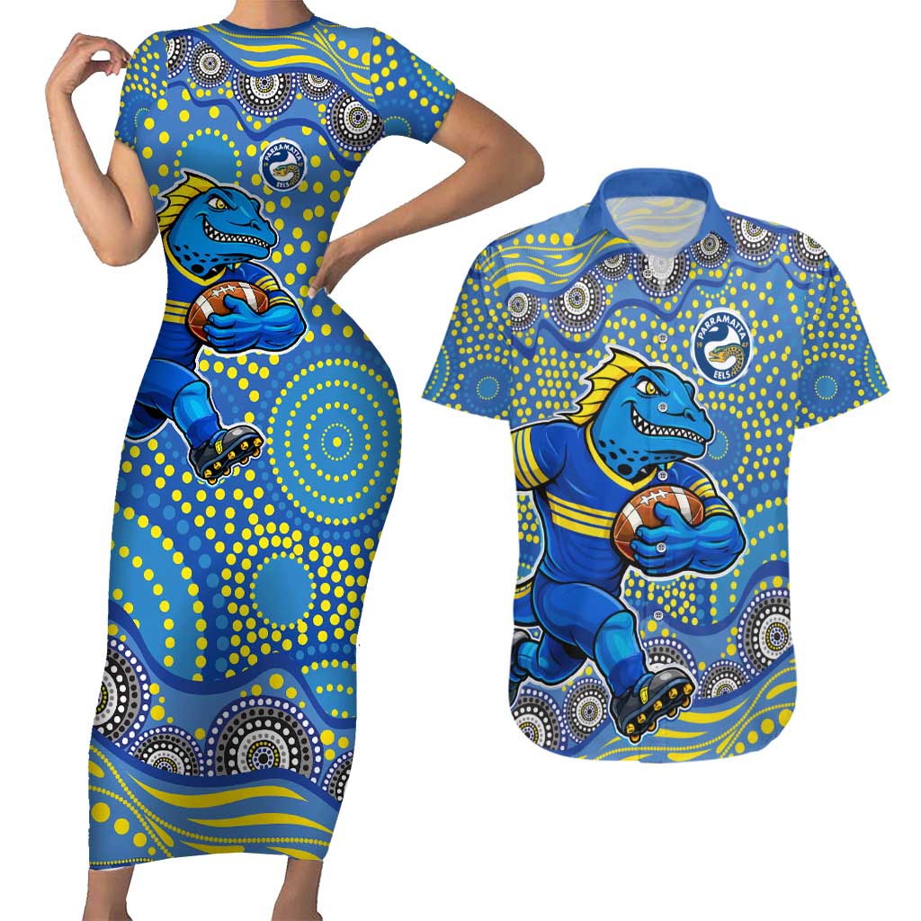 Parramatta Eels Couples Matching Short Sleeve Bodycon Dress and Hawaiian Shirt Aboriginal Dot Pattern - Rugby Mascot Heritage Pride