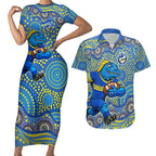 Parramatta Eels Couples Matching Short Sleeve Bodycon Dress and Hawaiian Shirt Aboriginal Dot Pattern - Rugby Mascot Heritage Pride