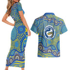 Parramatta Eels Couples Matching Short Sleeve Bodycon Dress and Hawaiian Shirt Aboriginal Dot Pattern - Rugby Mascot Heritage Pride