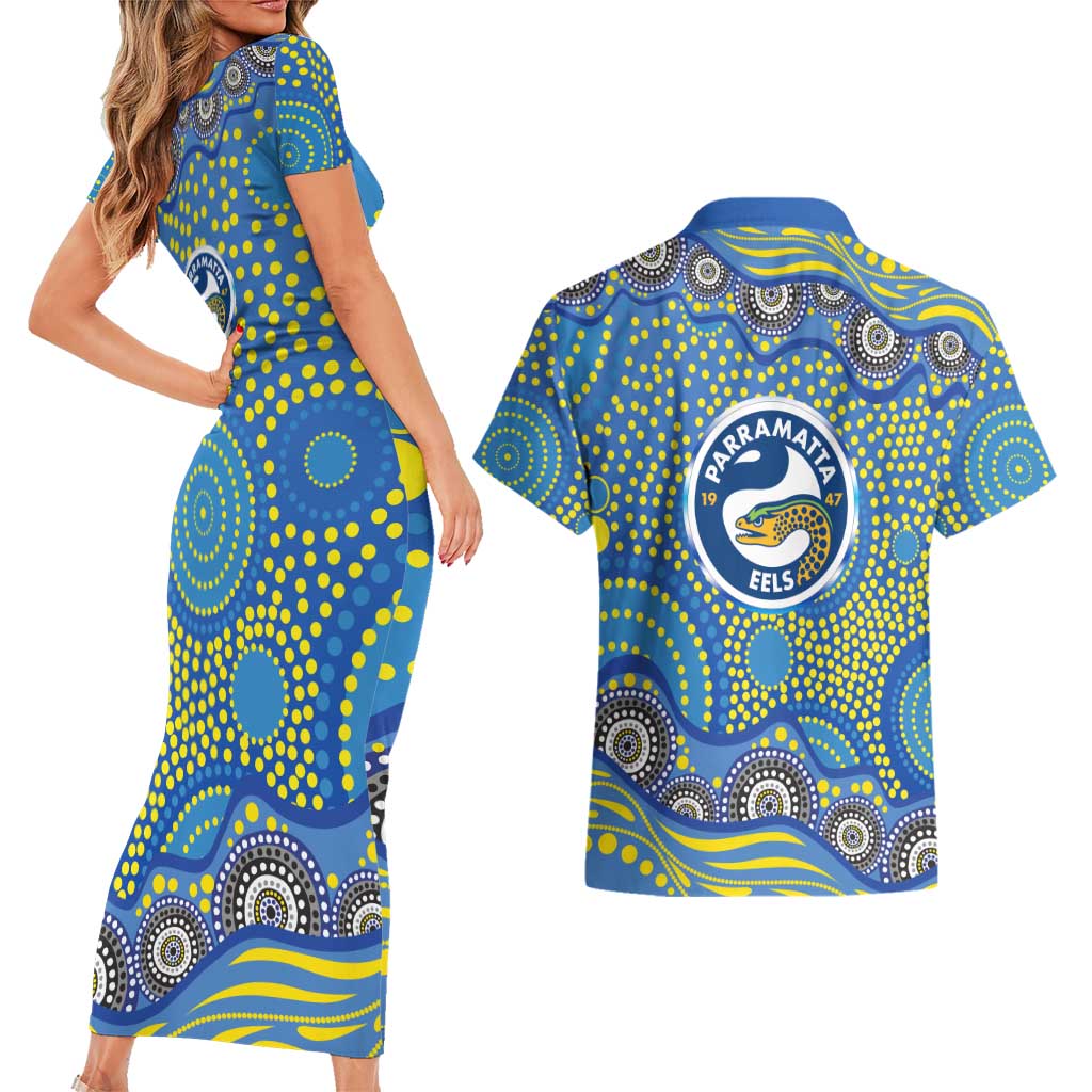 Parramatta Eels Couples Matching Short Sleeve Bodycon Dress and Hawaiian Shirt Aboriginal Dot Pattern - Rugby Mascot Heritage Pride