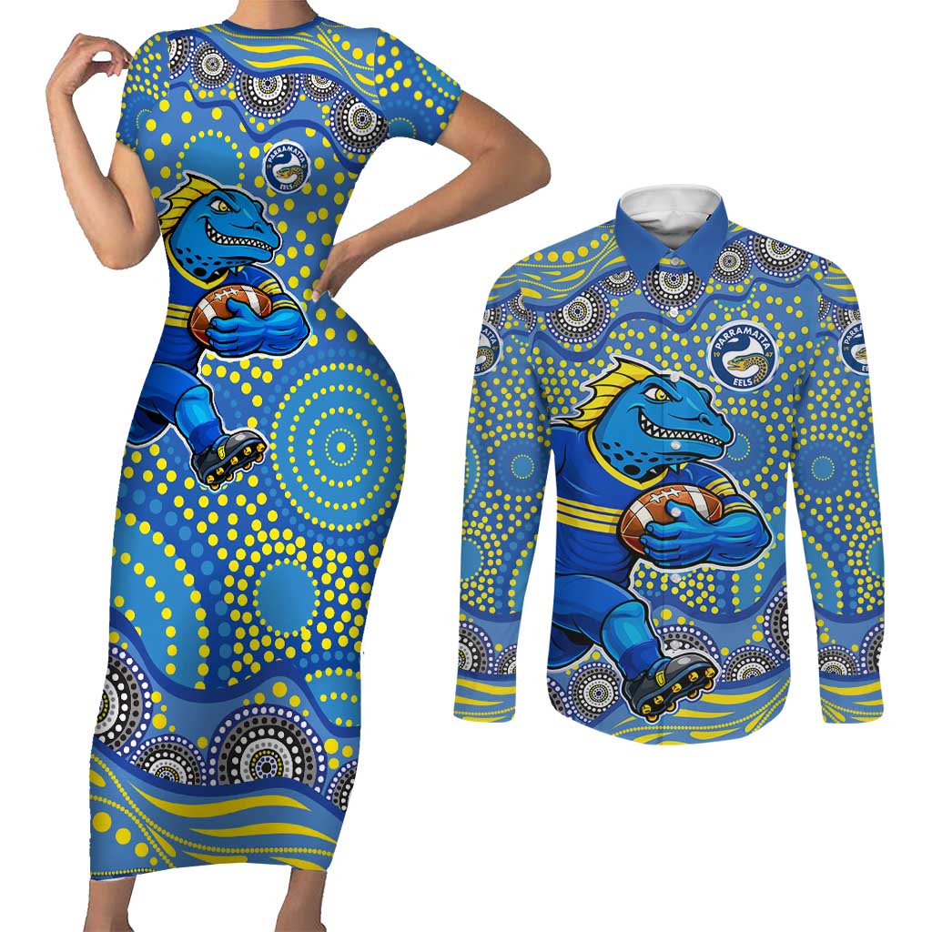 Parramatta Eels Couples Matching Short Sleeve Bodycon Dress and Long Sleeve Button Shirt Aboriginal Dot Pattern - Rugby Mascot Heritage Pride