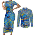 Parramatta Eels Couples Matching Short Sleeve Bodycon Dress and Long Sleeve Button Shirt Aboriginal Dot Pattern - Rugby Mascot Heritage Pride