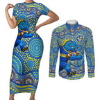 Parramatta Eels Couples Matching Short Sleeve Bodycon Dress and Long Sleeve Button Shirt Aboriginal Dot Pattern - Rugby Mascot Heritage Pride
