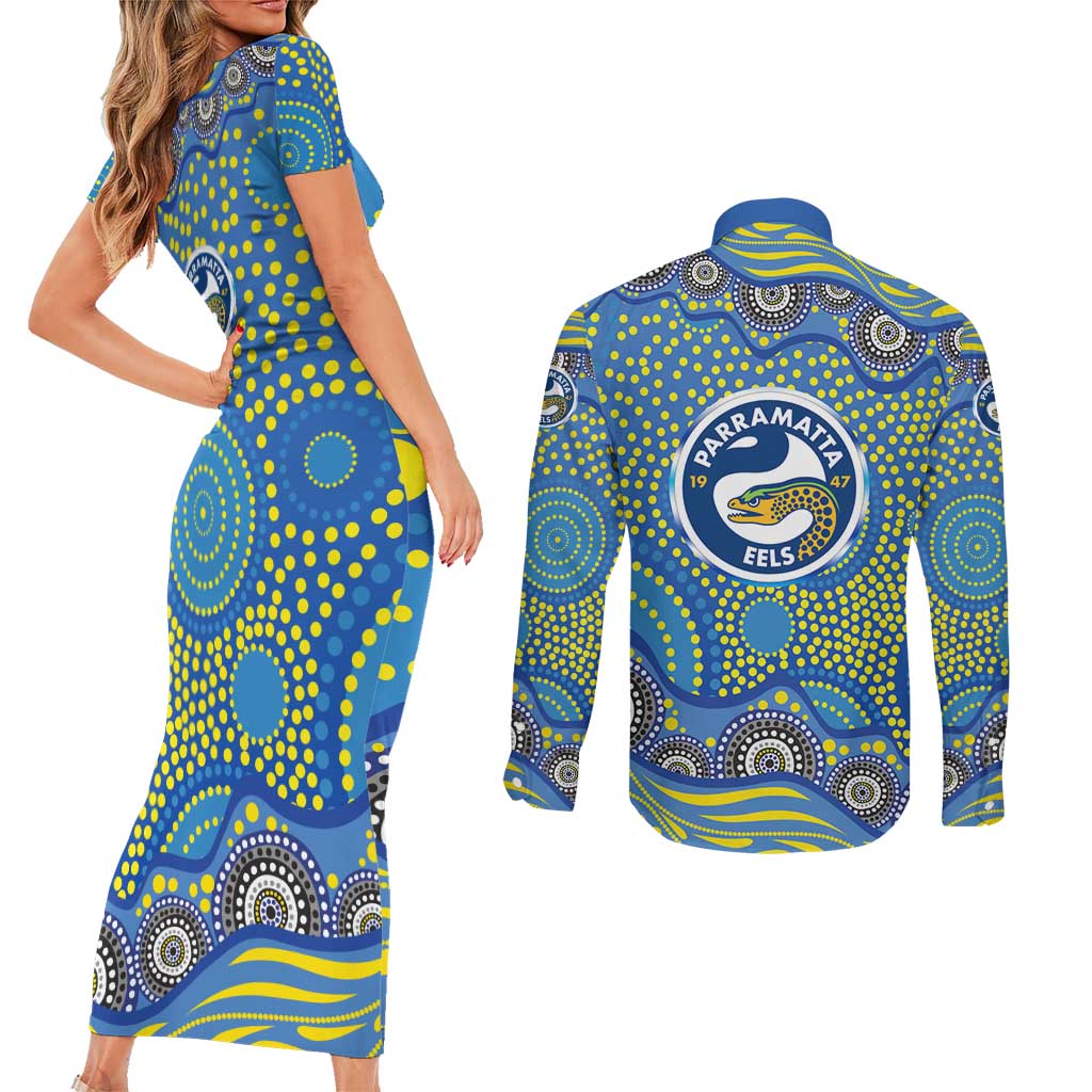 Parramatta Eels Couples Matching Short Sleeve Bodycon Dress and Long Sleeve Button Shirt Aboriginal Dot Pattern - Rugby Mascot Heritage Pride