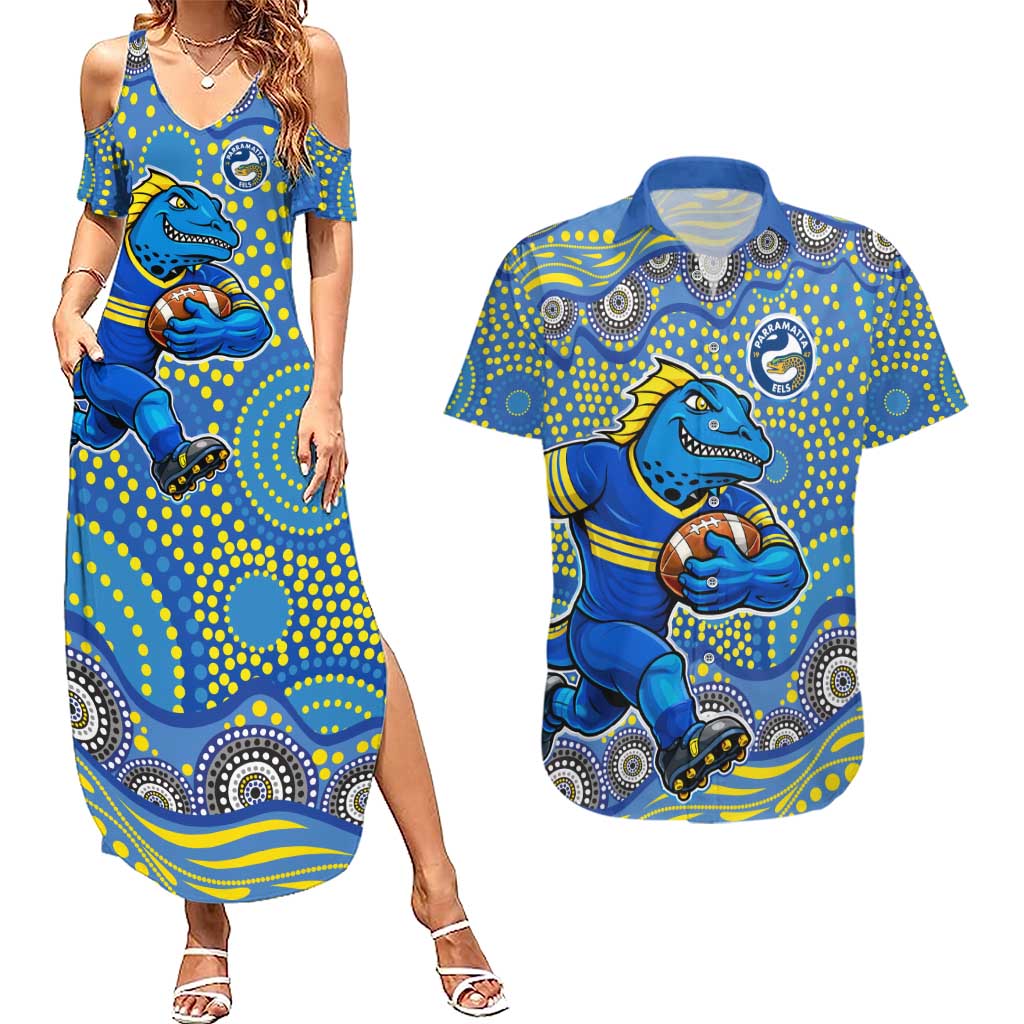 Parramatta Eels Couples Matching Summer Maxi Dress and Hawaiian Shirt Aboriginal Dot Pattern - Rugby Mascot Heritage Pride
