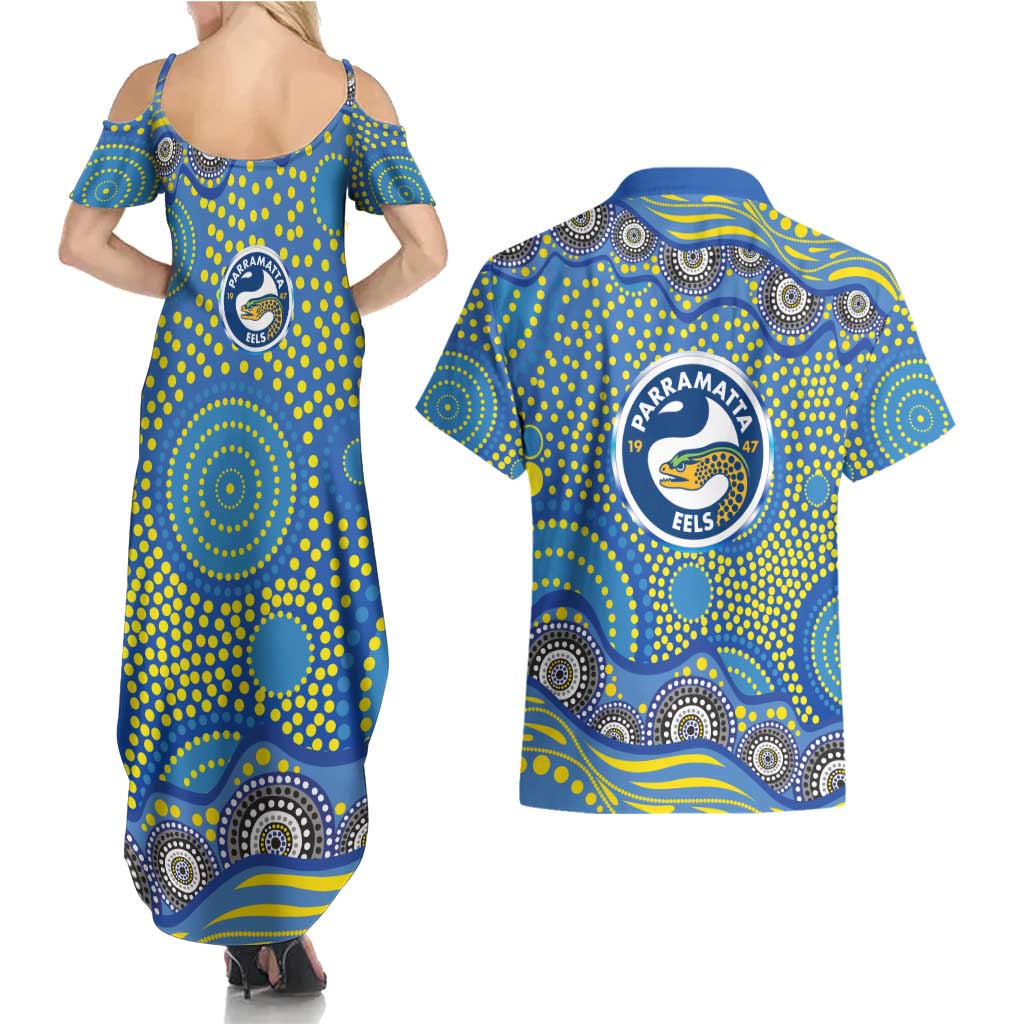 Parramatta Eels Couples Matching Summer Maxi Dress and Hawaiian Shirt Aboriginal Dot Pattern - Rugby Mascot Heritage Pride