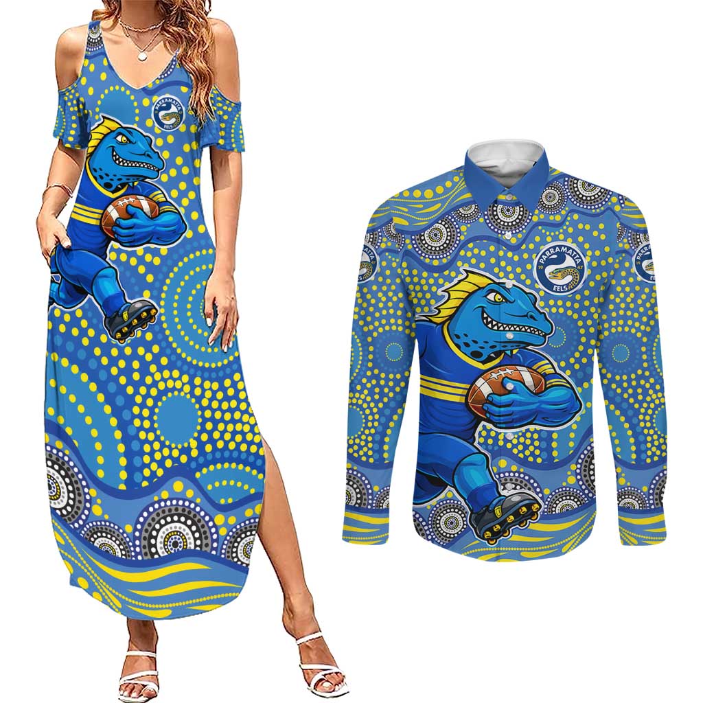 Parramatta Eels Couples Matching Summer Maxi Dress and Long Sleeve Button Shirt Aboriginal Dot Pattern - Rugby Mascot Heritage Pride