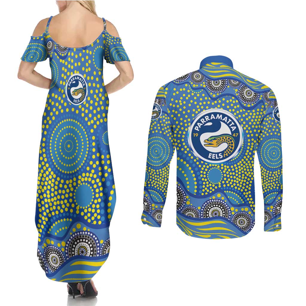 Parramatta Eels Couples Matching Summer Maxi Dress and Long Sleeve Button Shirt Aboriginal Dot Pattern - Rugby Mascot Heritage Pride