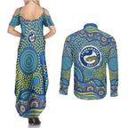 Parramatta Eels Couples Matching Summer Maxi Dress and Long Sleeve Button Shirt Aboriginal Dot Pattern - Rugby Mascot Heritage Pride