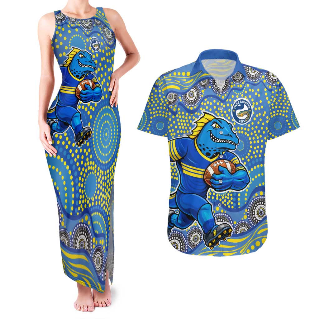 Parramatta Eels Couples Matching Tank Maxi Dress and Hawaiian Shirt Aboriginal Dot Pattern - Rugby Mascot Heritage Pride