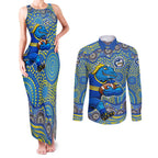 Parramatta Eels Couples Matching Tank Maxi Dress and Long Sleeve Button Shirt Aboriginal Dot Pattern - Rugby Mascot Heritage Pride