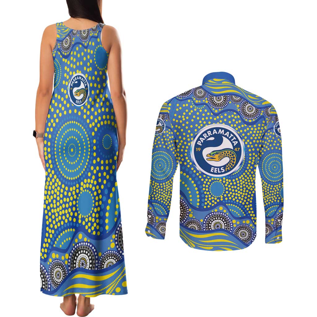 Parramatta Eels Couples Matching Tank Maxi Dress and Long Sleeve Button Shirt Aboriginal Dot Pattern - Rugby Mascot Heritage Pride