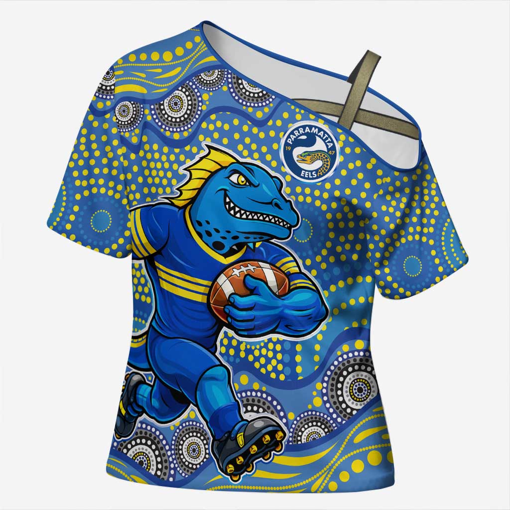 Parramatta Eels Cross Shoulder Shirt Aboriginal Dot Pattern - Rugby Mascot Heritage Pride