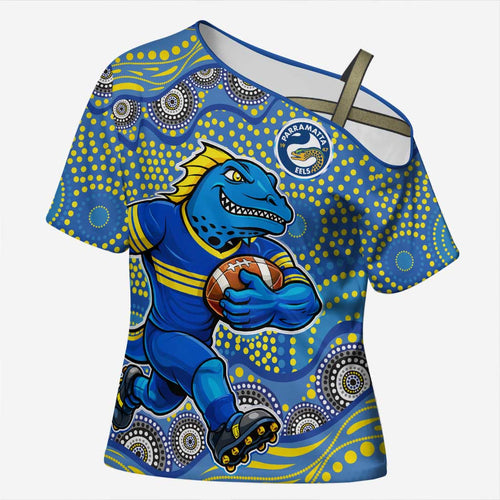 Parramatta Eels Cross Shoulder Shirt Aboriginal Dot Pattern - Rugby Mascot Heritage Pride