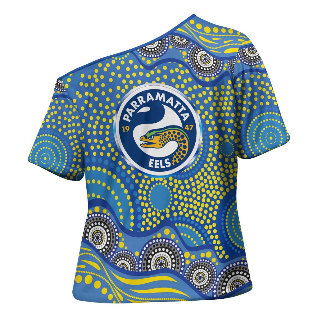 Parramatta Eels Cross Shoulder Shirt Aboriginal Dot Pattern - Rugby Mascot Heritage Pride