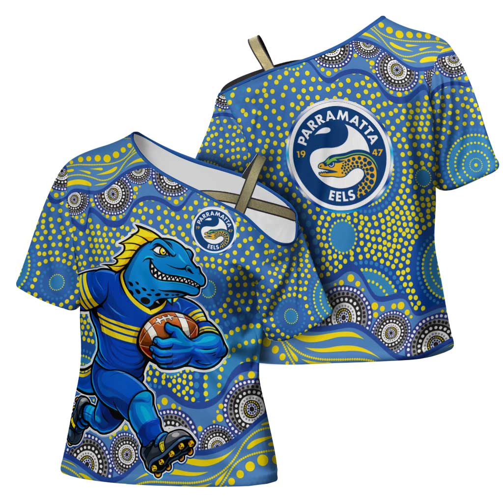 Parramatta Eels Cross Shoulder Shirt Aboriginal Dot Pattern - Rugby Mascot Heritage Pride