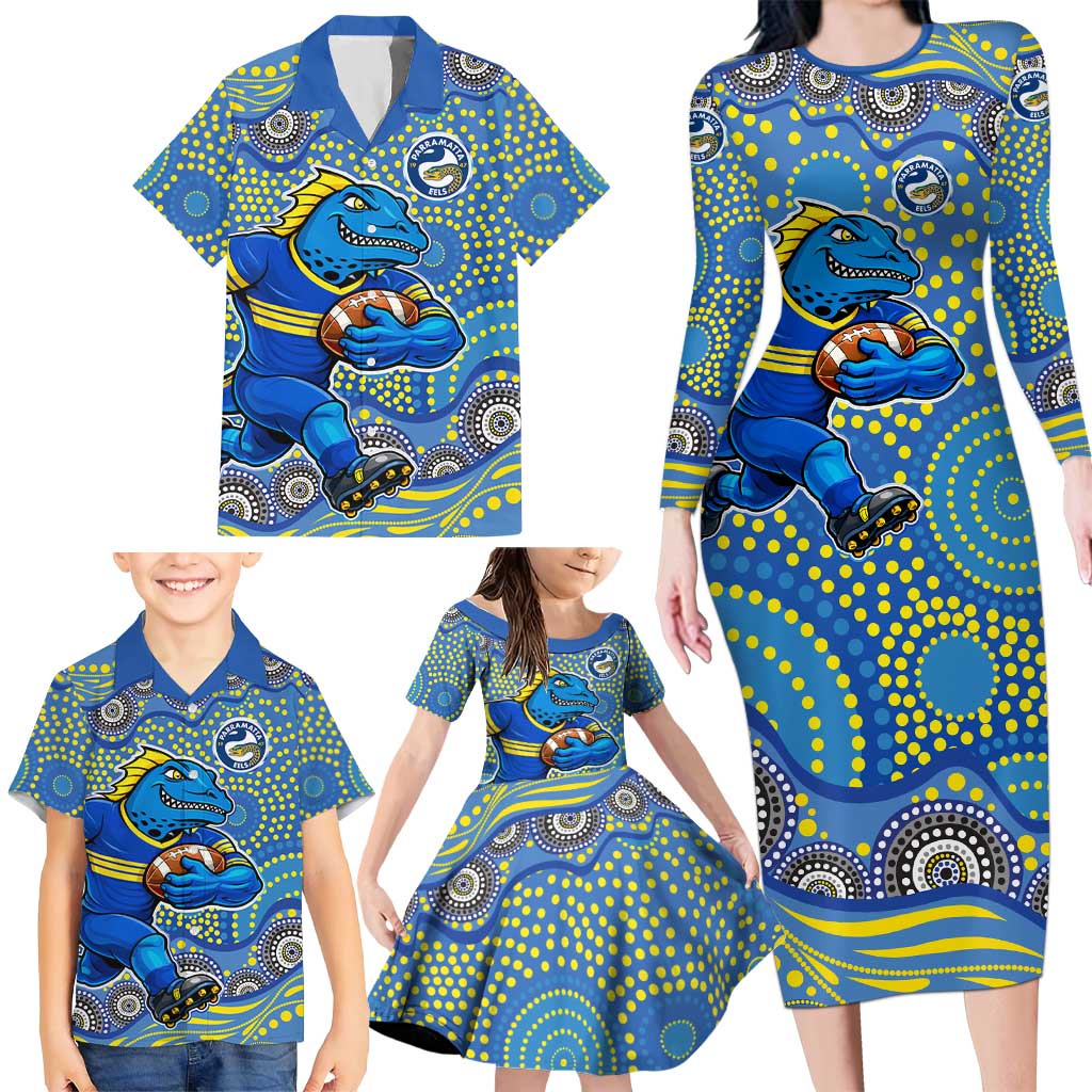 Parramatta Eels Family Matching Long Sleeve Bodycon Dress and Hawaiian Shirt Aboriginal Dot Pattern - Rugby Mascot Heritage Pride
