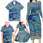 Parramatta Eels Family Matching Long Sleeve Bodycon Dress and Hawaiian Shirt Aboriginal Dot Pattern - Rugby Mascot Heritage Pride