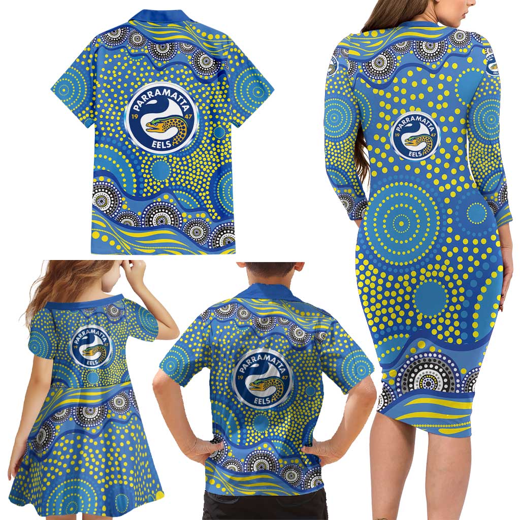 Parramatta Eels Family Matching Long Sleeve Bodycon Dress and Hawaiian Shirt Aboriginal Dot Pattern - Rugby Mascot Heritage Pride