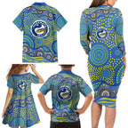 Parramatta Eels Family Matching Long Sleeve Bodycon Dress and Hawaiian Shirt Aboriginal Dot Pattern - Rugby Mascot Heritage Pride
