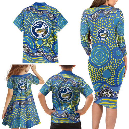 Parramatta Eels Family Matching Long Sleeve Bodycon Dress and Hawaiian Shirt Aboriginal Dot Pattern - Rugby Mascot Heritage Pride