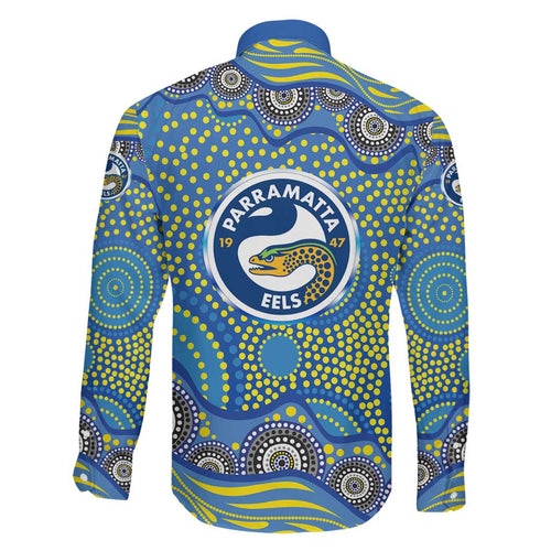 Parramatta Eels Family Matching Long Sleeve Bodycon Dress and Hawaiian Shirt Aboriginal Dot Pattern - Rugby Mascot Heritage Pride